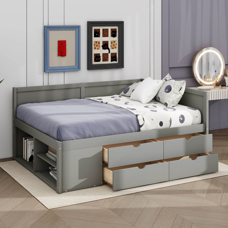 Elsi 4 Drawers Corner Daybed with Storage Shelves, Gray, Full / Double