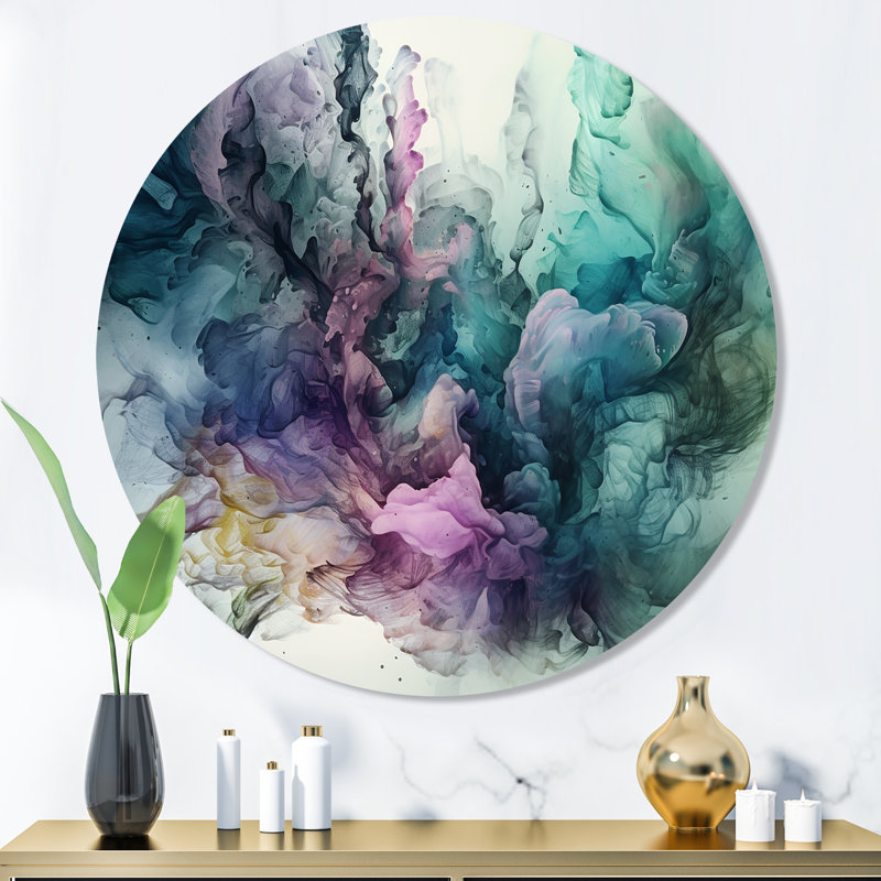 Décoration murale ronde en métal verte et mauve à encre liquide, H 29 po x l 29 po x P 1 po