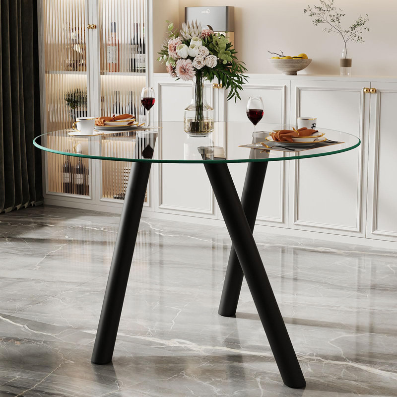 35" Round Glass Top Dining Table for 4 with Metal Base, for Kitchen and Small Spaces, Black, Transparent
