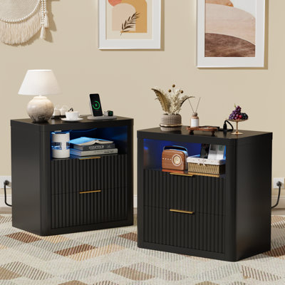 Table de chevet avec station de charge et lumières DEL, table de bout moderne robuste de 23 po de largeur avec 2 tiroirs et plateau épaissi, table de chevet pour chambre à coucher, salon