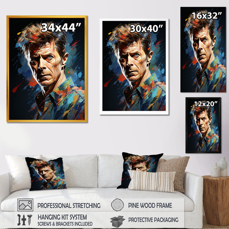 Peinture fusion David Bowie Portrait I - Pop Art, art mural, Cadre flottant doré, H 20 po x l 12 po