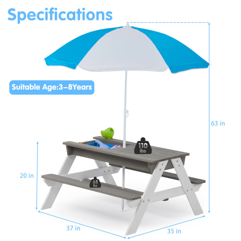 Table de pique-nique en bois 3 en 1 pour enfants avec parasol, sable et mer convertible, gris ASTM et CPSIA