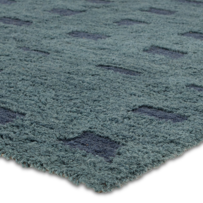 Tapis bleu tribal en laine lavable touffeté à la main Pelagia, Rectangle 8 pi 6 po x 11 pi 6 po