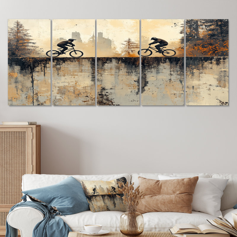 «Black and Orange Bmx Forest Riding - Cycling», art mural sur toile, H 32 po x l 80 po