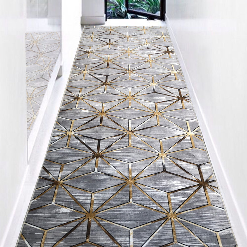 Luxury Hall Carpet Runner, 3.9 x 22.9 Feet, Grey & Gold, 100% Polyester, 1500 g/m², 0.4 in Pile Height | Non-Slip Dot Underside, Machine Washable at 86°F, Digital Printed Design | Perfect for Entryways & Hallways