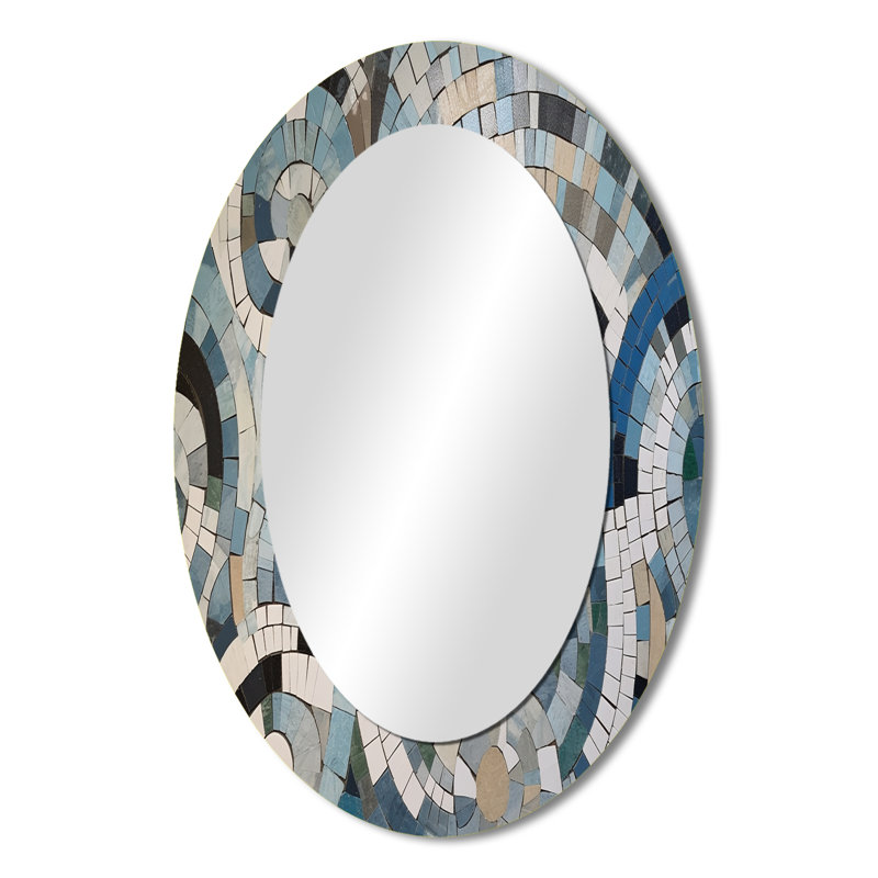Blue And White Bohemian Medley - Geometric Oval Decorative Mirror On Metal, 36" x 24"