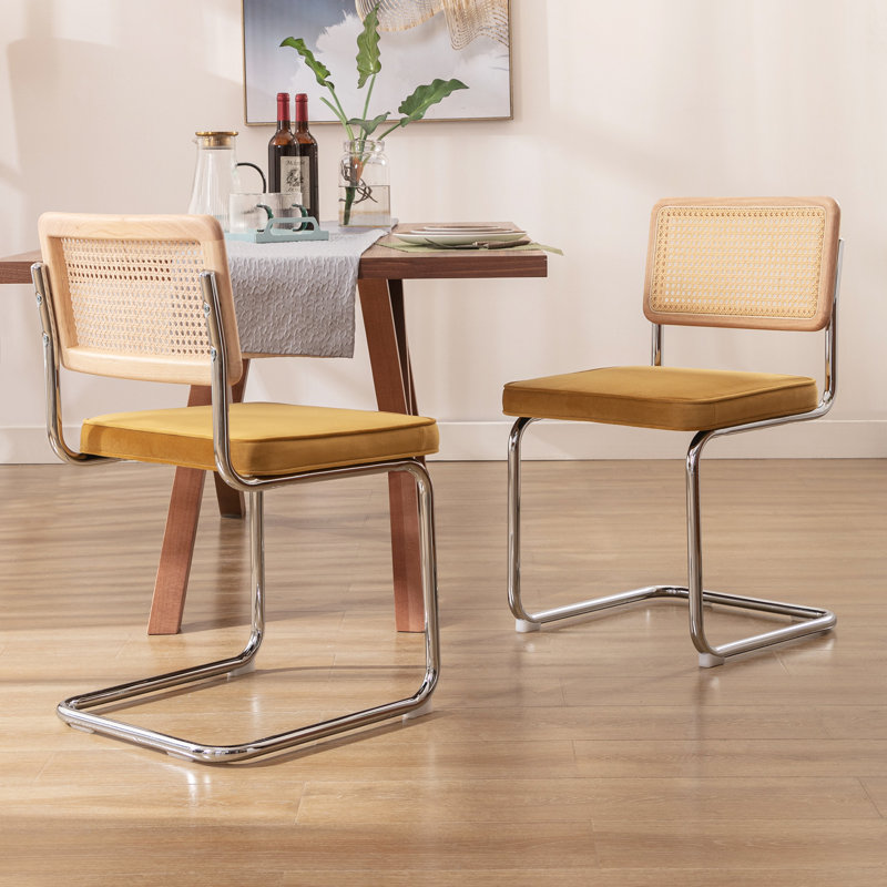 Yellow Velvet Upholstered Side Chair with Chrome Legs and Cane Back