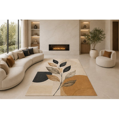 Tapis à feuilles larges à motif géométrique de 6 pi 7 po x 9 pi 10 po pour salon, chambre à coucher et bureau à domicile «Ultra Léger», tapis doux à poils courts avec envers antidérapant en silicone, noir et beige
