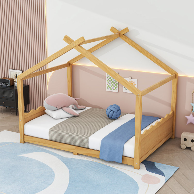 Wood House Floor Bed With Slats, Natural, Full