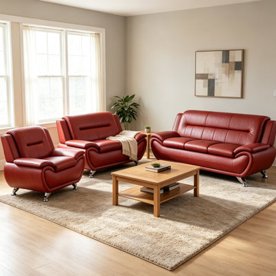 Ensemble de salon, canapé, causeuse et fauteuil d'appoint de style transitionnel en similicuir 3 pièces avec pieds en métal poli
