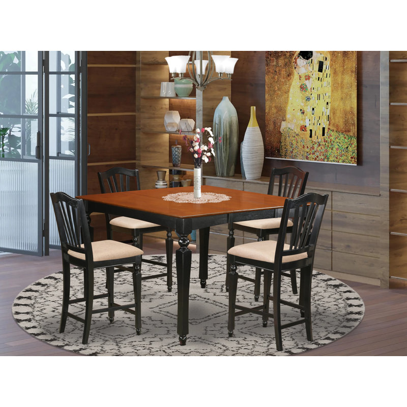 Ensemble de comptoir de cuisine 5 pièces comprenant une table de salle à manger carrée avec rallonge papillon et 4 chaises de salle à manger rembourrées en tissu de lin, 54 x 54 pouces, noir et cerise