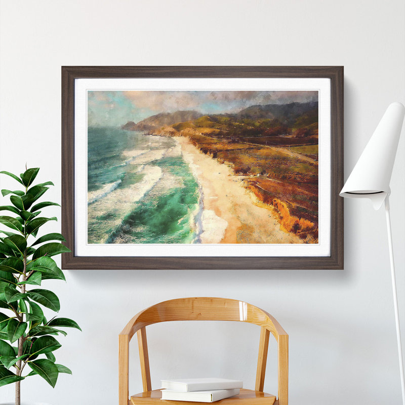 Coastline in California - Picture Frame Painting Print, 24cm H x 33cm W x 2cm D, Walnut Framed