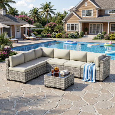 7-Piece Outdoor Sectional Sofa Set With HDPE Wicker, Cushions & Coffee Table, Modular Patio Conversation Set