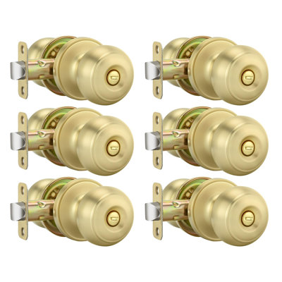 Brushed Brass Keyless Privacy Interior Door Knob Handles for Bedroom & Bathroom Doors, 6 Pack