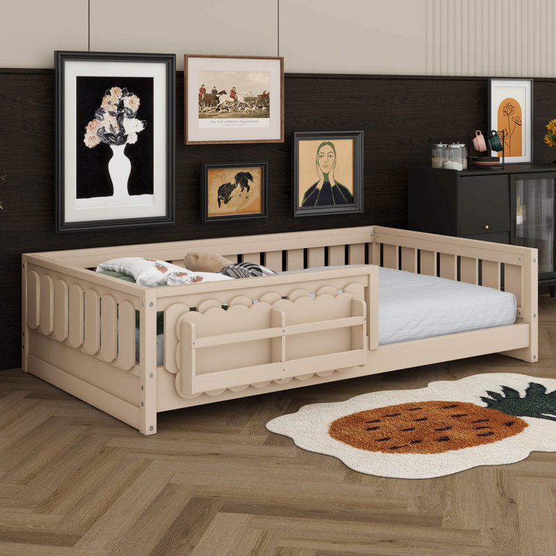 Twin Size Platform Bed With Guardrail And Storage Shelves, Floor Bed With Semi-Enclosed Fence For Boys Girls, Twin, Natural