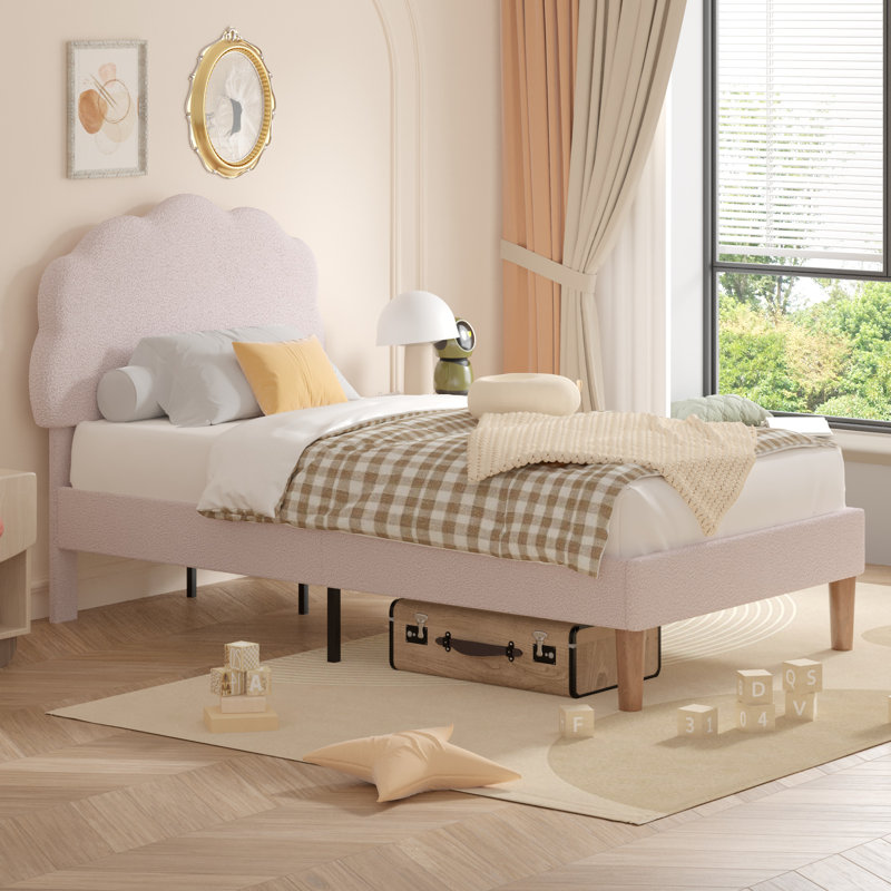 Structure de lit simple avec tête de lit en molleton réglable Cimahi, lit plateforme tapissier avec support à lattes, Beige