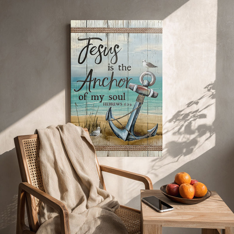 Nautique «Beach Anchor with Hebrews Verse (Coastal Tone)» «Jesus is the Anchor», art mural sur toile tendue pour Cozy Studio