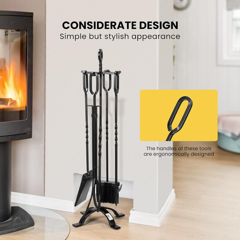 Modern Black Wrought Iron 5-Piece Fireplace Tool Set