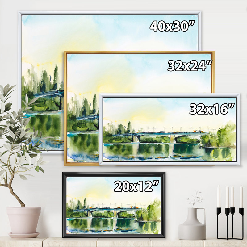 Paysage avec vieux pont dans la campagne - Peinture sur toile, H 24 po x l 32 po x P 1 po, Toile avec cadre noir