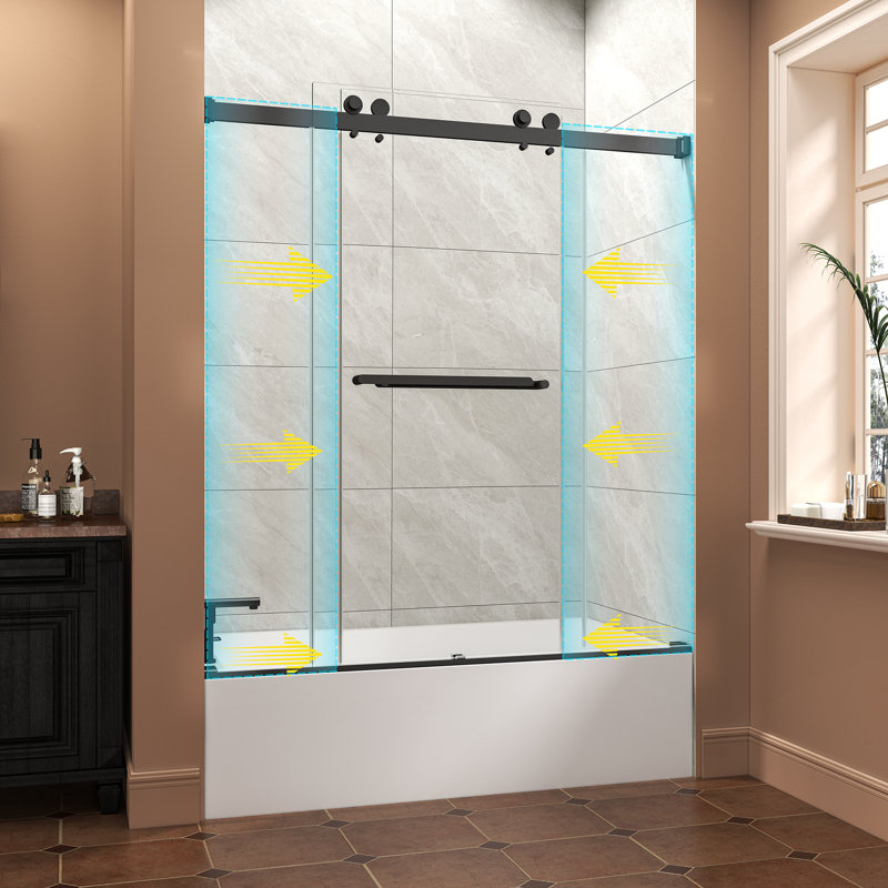 55-60" W x 60" H Frameless Double Sliding Tub Door Bypass Tub Door with 5/16"(8mm) Tempered Glass, Nano Explosion-proof Film, Matte Black