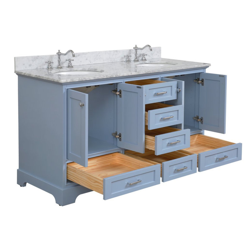Ensemble de meuble-lavabo double 60 po Larosa, Marbre de Carrare, Bleu poudre