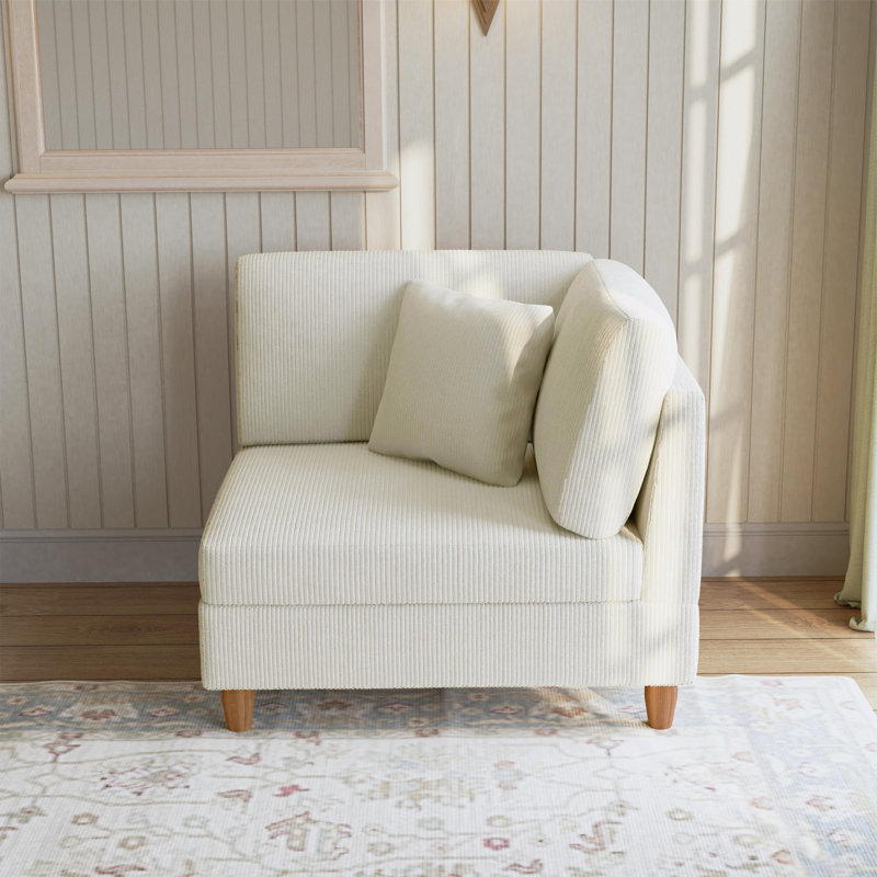 Seemab Upholstered Beige Corduroy Armchair with Pillow Back, One Arm Single Chair Module Part For Sectional Sofa, Beige