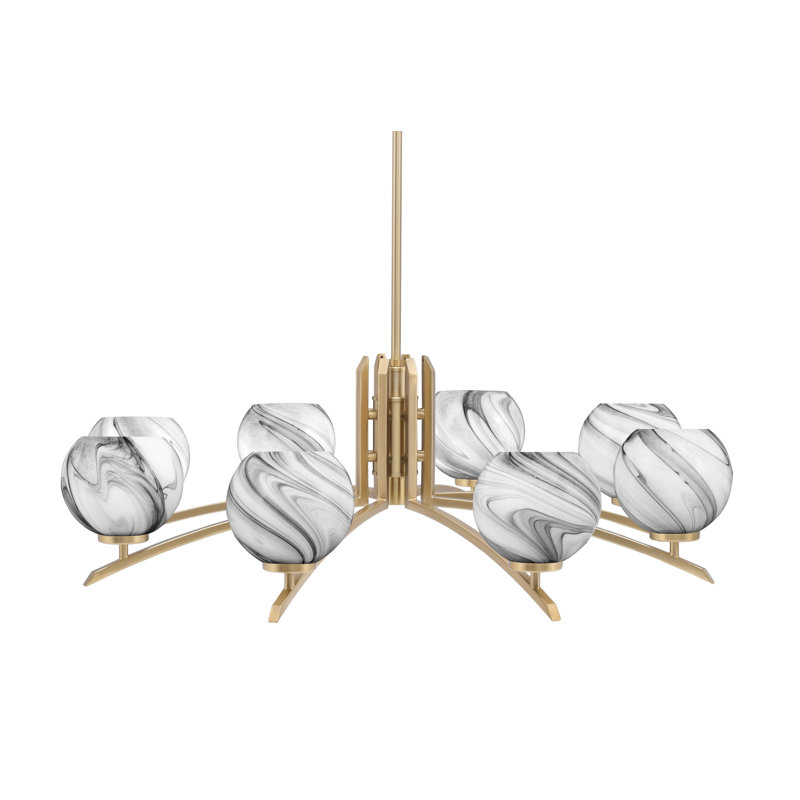 Lustre 8 lumières Kurve illustré en finition nouvel âge laiton avec verre de 5,75 po, Noir / blanc