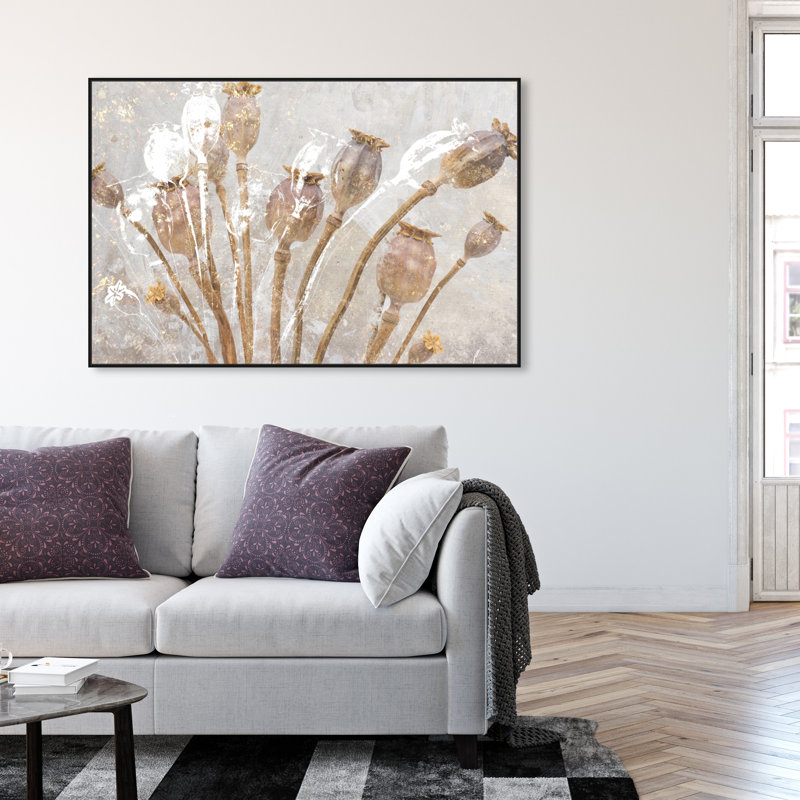 Coquelicots dorés - reproduction sur toile, Toile avec cadre noir, H 36 po x l 54 po x P 1,5 po