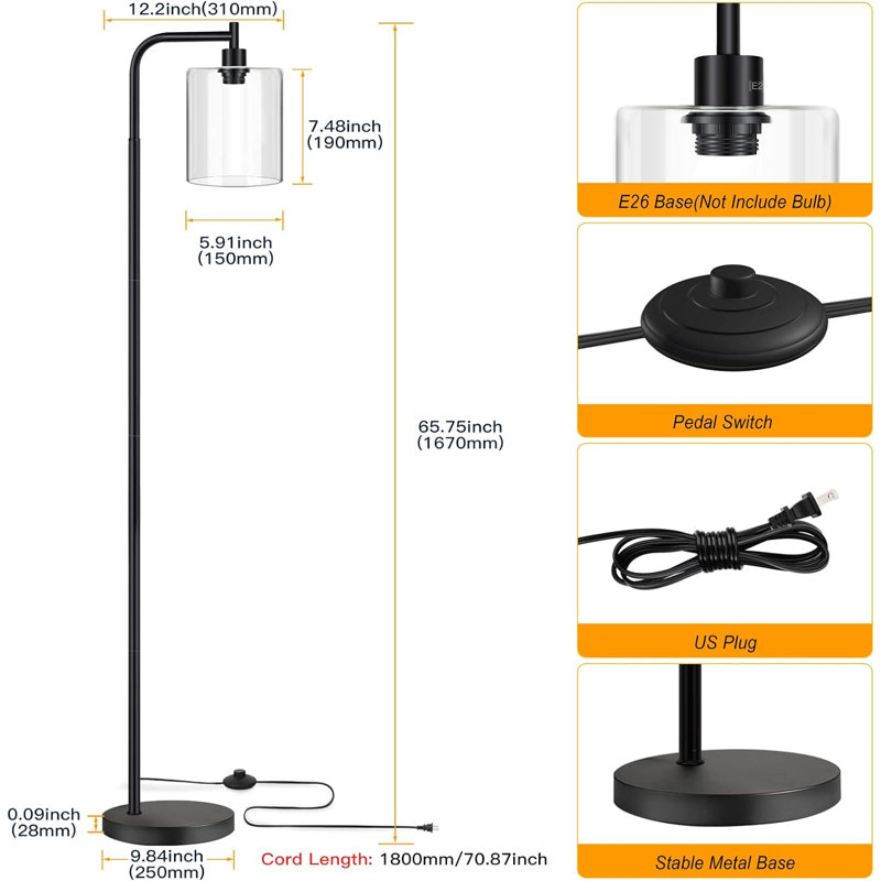 Industrial Floor Lamp, Modern Standing Lamps With Hanging Clear Glass Shade, Classic Reading Tall Pole Light For Living Room Bedroom, Black