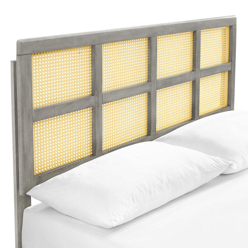 Gray Queen Wood Platform Bed with Cane Headboard
