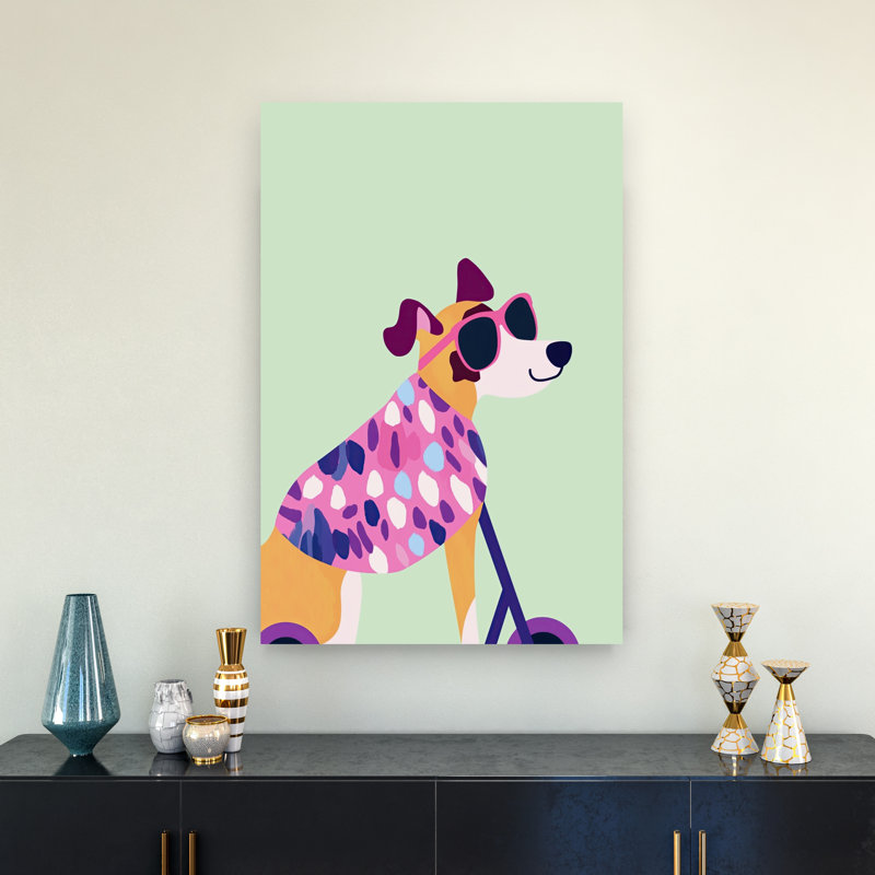 Cool Dog On Scooter Colorful Playful Whimsical Dog Wall Art Print by Mathieu - Wrapped Canvas Print, 91.44cm H x 60.96cm W