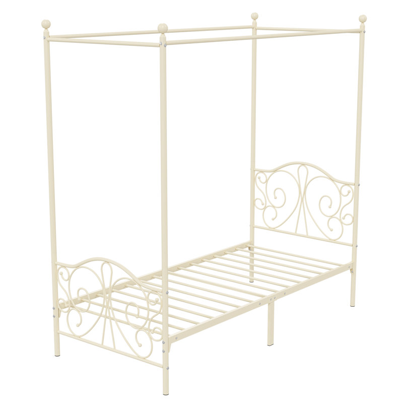 Metal Canopy Bed With Butterfly Pattern Design For Headboard And Footboard, Beige