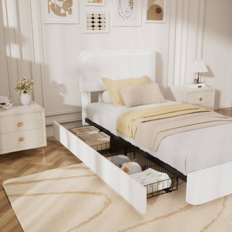Bed Frame, Boucle Upholstered Bed Frame With Headboard, 2 Storage Drawers, Twin