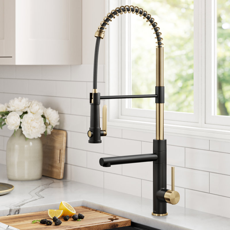 KRAUS Artec Pro Commercial Style 2-Function Single Handle Pull Down Kitchen Faucet with Pot Filler, Brushed Brass/Matte Black