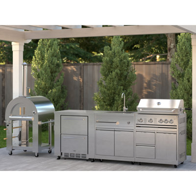 Cuisine modulaire KoolMore Outdoor Kitchen Series avec four à pizza à double combustible, réfrigérateur et armoire, double tiroir de réfrigérateur, évier et barbecue de 30 po et armoire en acier inoxydable (km-OKSKIT-CONFIG101)