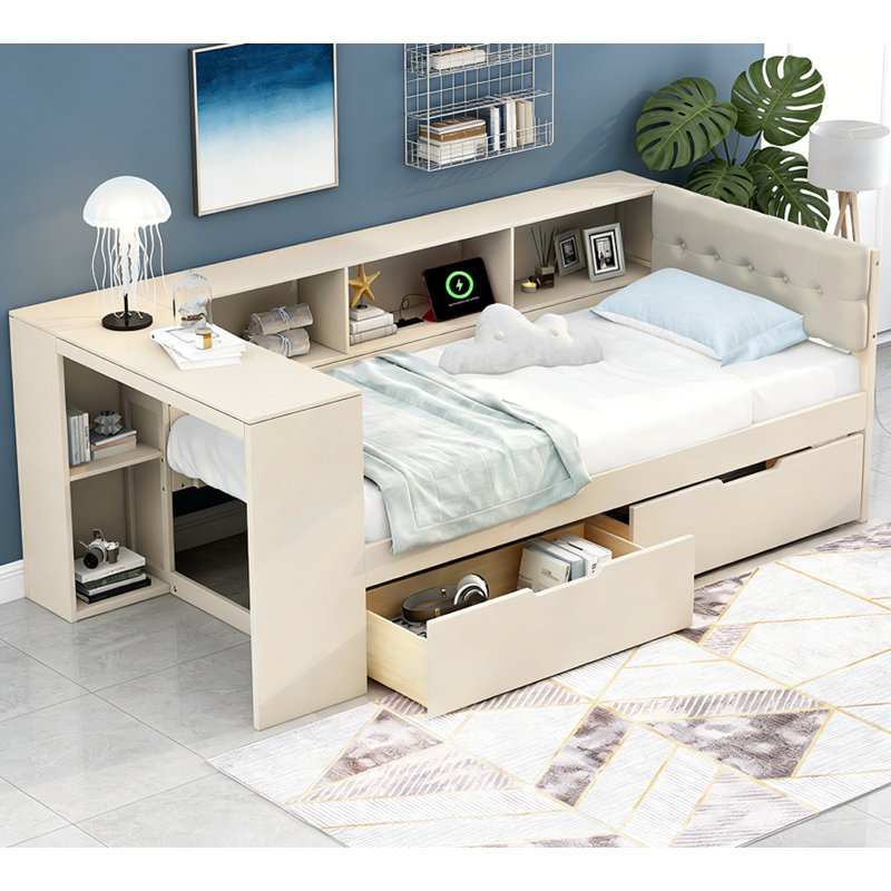 Lit plateforme en bois avec tablettes de rangement et tiroirs, Lit simple, Crème