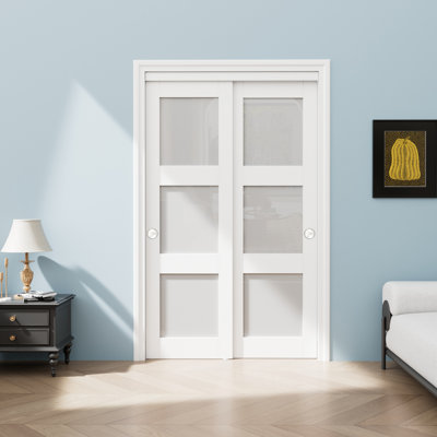 80 In. 3 Lite Forsted Glasses Primed White Pantry & Closet Sliding Doors With Hardware Kit (Assembly Required)