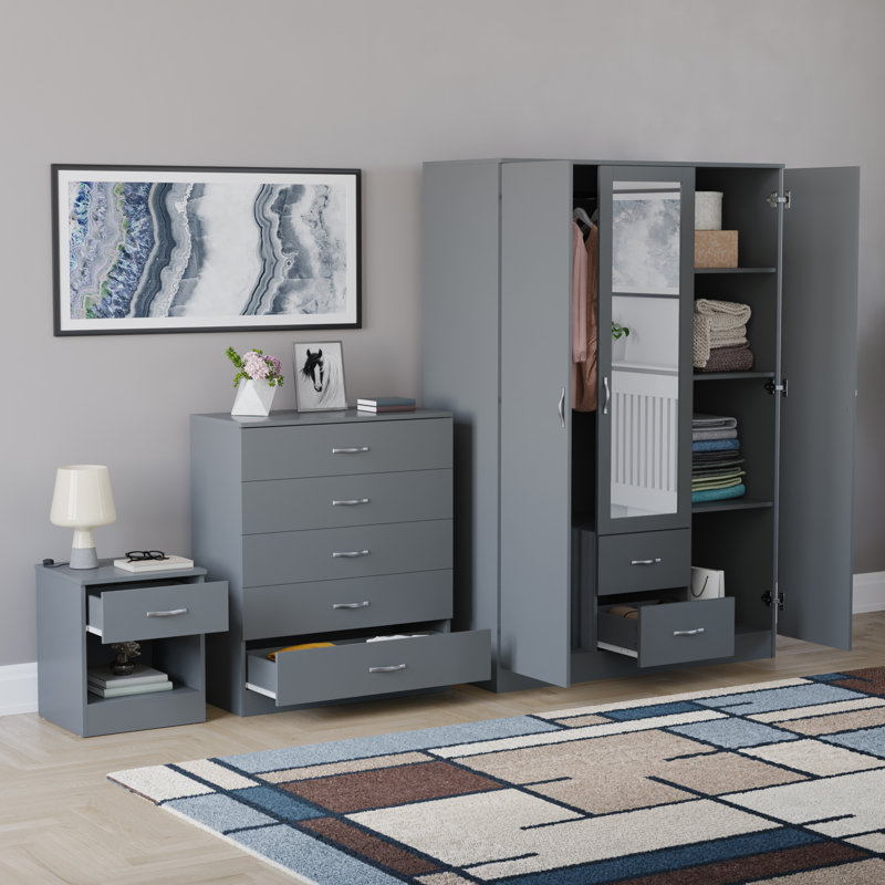 Maybery 3 Piece Bedroom Set (1 Drawer Bedside Chest, 5 Drawer Chest, 3 Door 2 Drawer Mirrored Wardrobe), (5), Grey