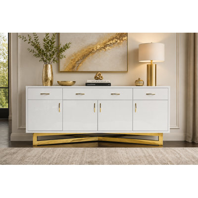 Buffet blanc laqué ultra-brillant Maximo - Base dorée