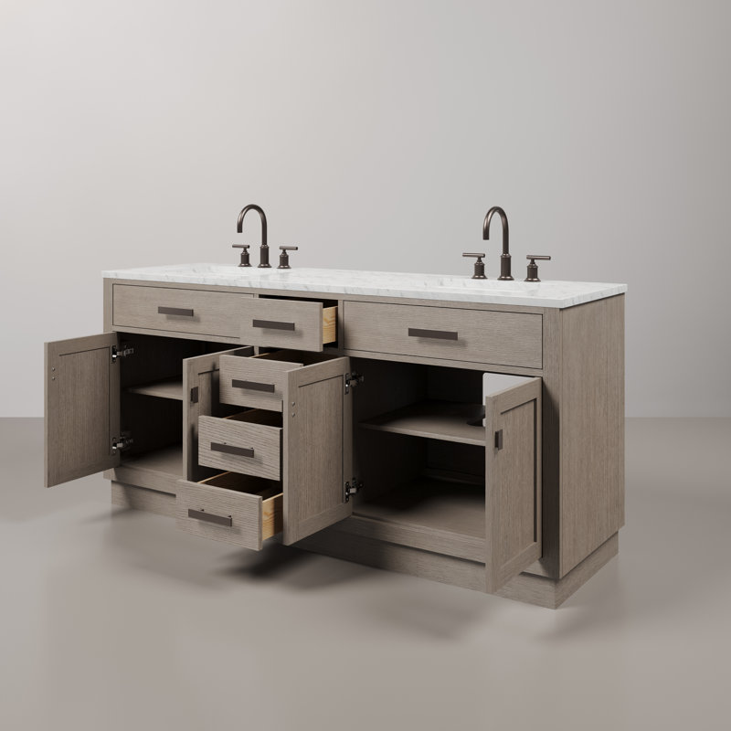Chestnut 72" Carrara White Marble Countertop Bath Vanity with Faucet, Gray Oak