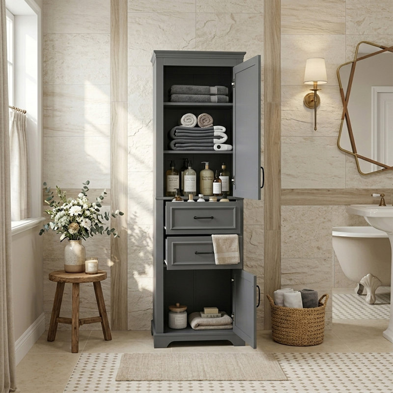 Freestanding Bathroom Storage Linen Cabinet, Charcoal Gray