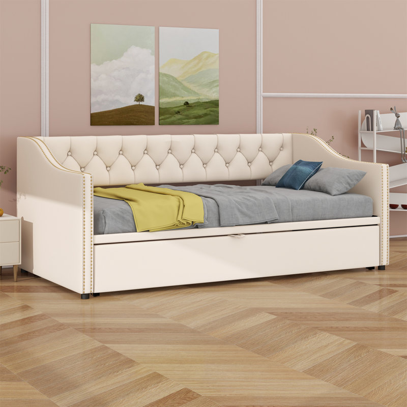 Lit de jour rembourré avec lit gigogne, Beige