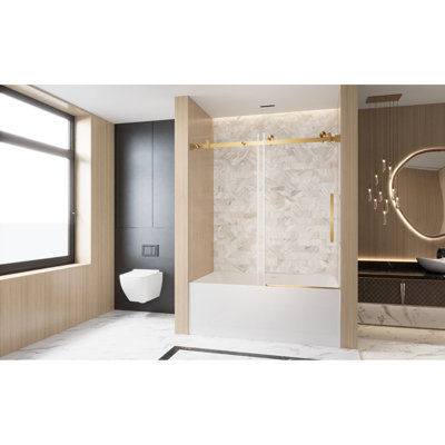 Frameless Single Sliding Shower Door  5660 "W X 60" H, 1/4 "(6 Mm) Clear Tempered Glass, Explosion Proof Film, Stainless Steel Handle Square Tube Track ,Brushed Gold