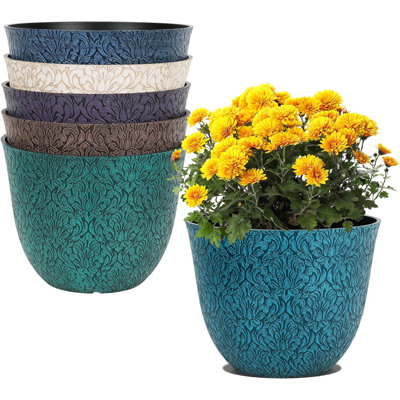 Plastic Round 8 Inch Planters for Indoor Plants Set of 6 Outdoor Resin Flower Pots Colourful with Drainage Hole Rubber Plug Retro Appearance...