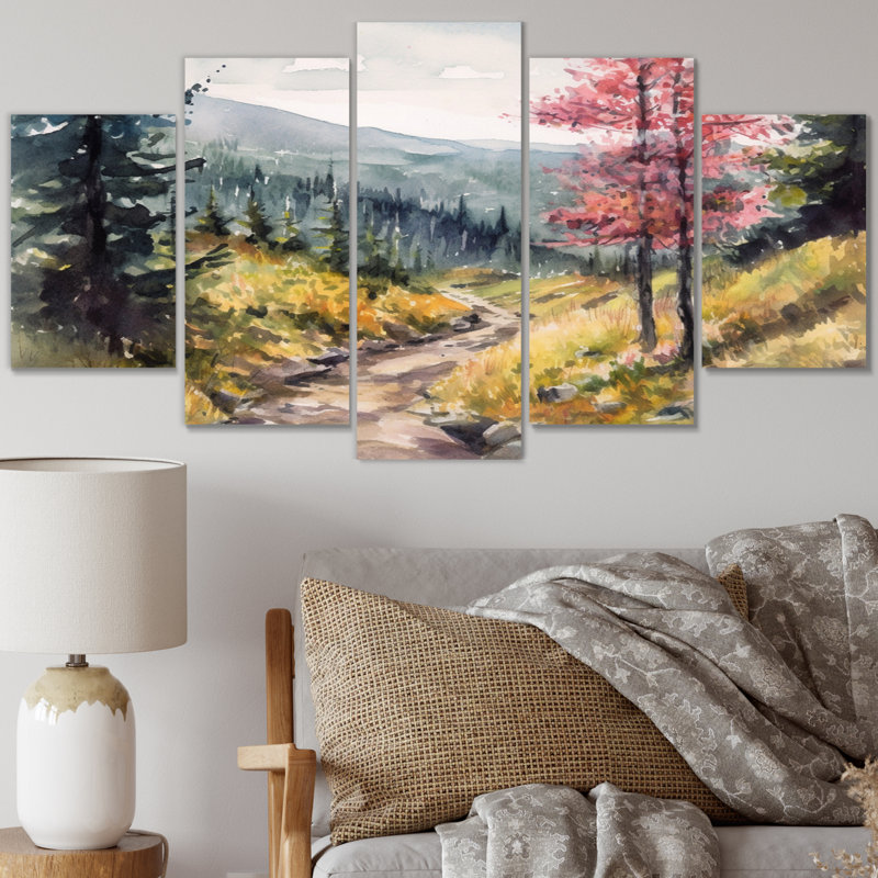 Petite route dans un paysage de montagne, art mural forêt, salon, 5 panneaux