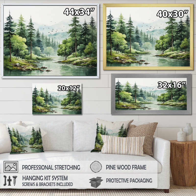 Tranquil Forêts, paysage I, art mural forêt pour le salon, H 30 po x l 40 po x P 1,5 po, Cadre flottant doré