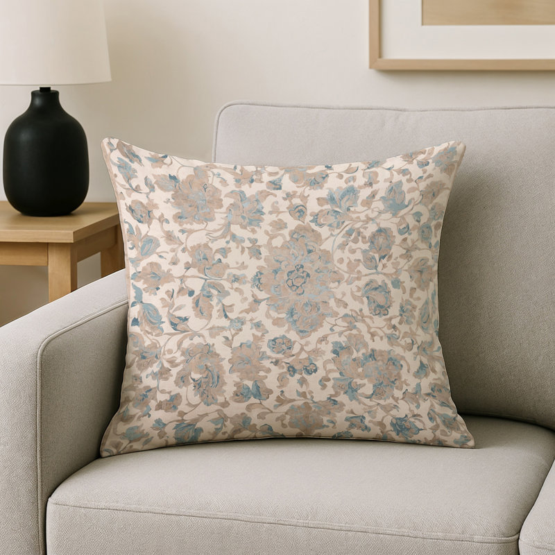 Coussin décoratif intérieur / extérieur gris Modern Modern, Carré 16 po, Floral beige