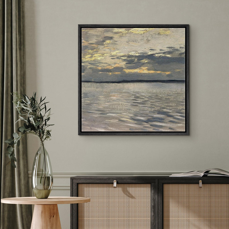 Réfléchissant bord de mer au crépuscule, peinture à l'huile texturée calme au coucher du soleil, illustrations, réalisme, décor encadré sur toile
