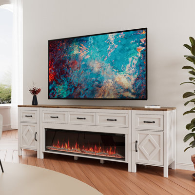 Farmhouse Tv Stand With Fireplace For Tvs Up To 95 Inch,entertainment Center With 50" Electric Fireplace,88" Tv Console With Storage Cabinet Drawers F