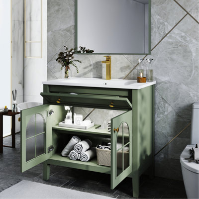 Lavabo de salle de bain Mid-Century, verre antique, éclairage à mouvement automatique, lavabo intégré de 36 pouces avec lumières à capteur intégré et base imperméable